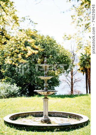 Vintage drinking fountain for birds in the garden. Empty bowl of a fountain in a meadow with grass and trees in the summer. 74029848