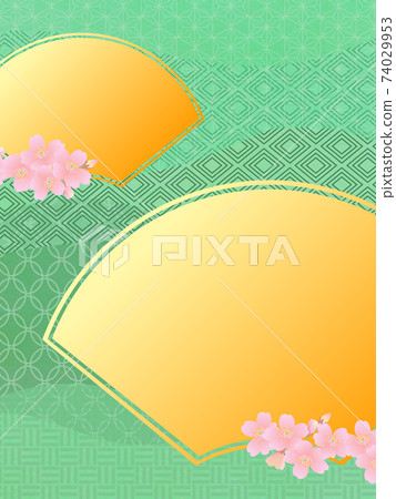Sakura in full bloom on Japanese pattern background (green) _ fan-shaped copy space _ variations available 74029953