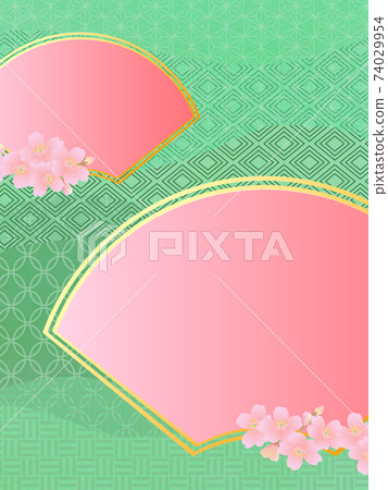 Sakura in full bloom on Japanese pattern background (green) _ fan-shaped copy space _ variations available 74029954