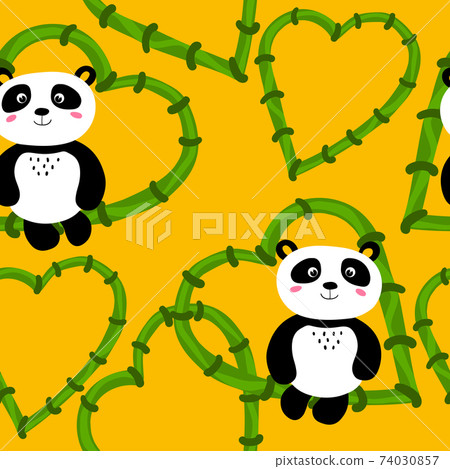 Seamless pattern with cute panda baby on color background. Funny asian animals. Card, postcards for kids. Flat vector illustration for fabric, textile, wallpaper, poster, gift wrapping paper. Seamless pattern with cute panda baby on color background. Funny asian animals. Card, postcards for kids. Flat vector illustration for fabric, textile, wallpaper, poster, gift wrapping paper. 74030857