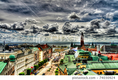 Surrealistic aerial panorama view to Helsinborg, Sweden Surrealistic aerial panorama view to Helsinborg, Sweden 74030924