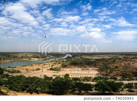 View Euphrates river from former Hussein palace, Hillah, Babyl Iraq 74030943