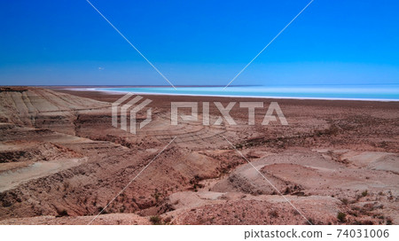 Panorama view to saline Barsa Kelmes lake and Ustyurt plateau in Karakalpakstan, Uzbekistan 74031006
