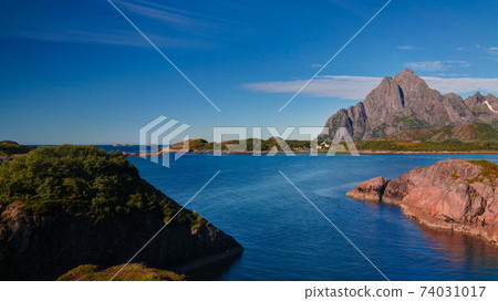 Panoramic view to Orsvagvaer village and Sandvika fjord at Austvagoy Island, Lofoten, Norway Panoramic view to Orsvagvaer village and Sandvika fjord at Austvagoy Island, Lofoten, Norway 74031017