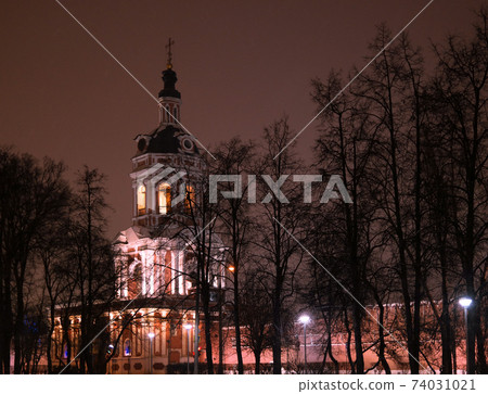 Night winter view to western gates and belltower of Donskoy monastery at Moscow, Russia Night winter view to western gates and belltower of Donskoy monastery at Moscow, Russia 74031021