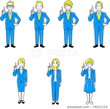 解釋用食指的商人和女商人的整個身體的例證套被舉 74031154