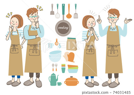 Men and women in aprons and kitchen set - Stock Illustration [74031485 ...