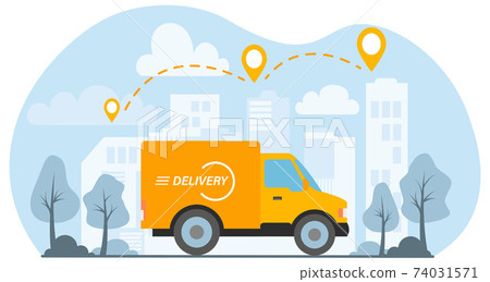 Yellow delivery van ships a parcel in a city. Concept of fast delivery 74031571