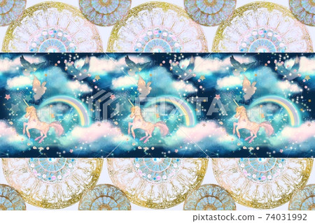 Art Nouveau Gorgeous Gold Geometric Frame Pattern and Unicorn Running around the Night Sky Art Nouveau Gorgeous Gold Geometric Frame Pattern and Unicorn Running around the Night Sky 74031992