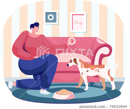 Pet owner woman playing with dog at home, takes care of him, girl training puppy, gives him donut 74032644