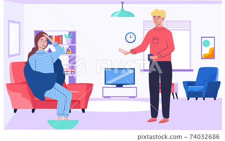 Woman is suffering from headache and soaring feet. Guy gives girl pills and supports her at home Woman is suffering from headache and soaring feet. Guy gives girl pills and supports her at home 74032686