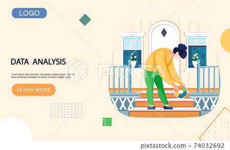 Data analysis landing page template woman holding pie chart statistic indicator standing on steps Data analysis landing page template woman holding pie chart statistic indicator standing on steps 74032692