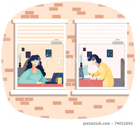 Office teamwork women working together, communicating colleagues, neighbors window view Office teamwork women working together, communicating colleagues, neighbors window view 74032693