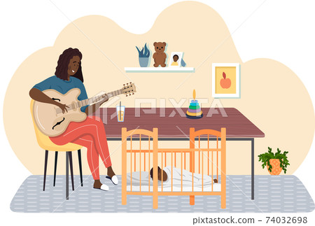 African american woman playing guitar. Mom singing lullaby to baby at night and helps him to sleep African american woman playing guitar. Mom singing lullaby to baby at night and helps him to sleep 74032698