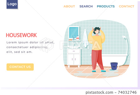 Housework landing page template with man in bathroom washes floor scared poured water from bucket Housework landing page template with man in bathroom washes floor scared poured water from bucket 74032746
