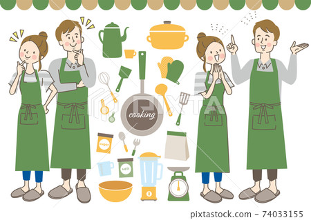 Men and women in aprons and kitchen set 74033155