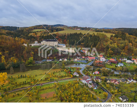 Castle Sternberk in Czech Republic - aerial view 74033339