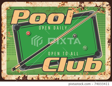 Pool club rusty metal plate, vector balls and cue 74033411