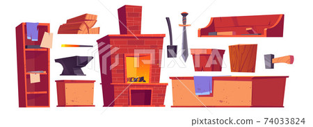 Forge blacksmith stuff and furniture isolated set Forge blacksmith stuff and furniture isolated set 74033824