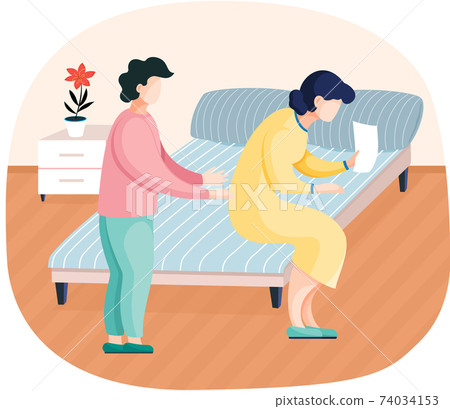 Family members communicating at home sitting on bed with paper sheet, friends conversation 74034153