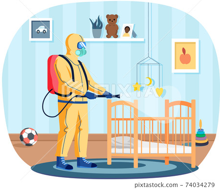 Man in protective suit disinfects children room with spray gun. Prevention against spread of disease Man in protective suit disinfects children room with spray gun. Prevention against spread of disease 74034279