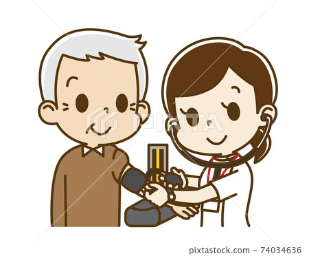 Elderly man receiving blood pressure measurement from a female nurse 74034636