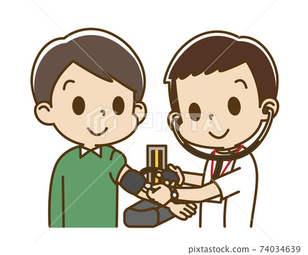 Young man receiving blood pressure measurement from a male nurse Young man receiving blood pressure measurement from a male nurse 74034639