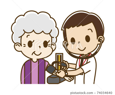 Elderly woman receiving blood pressure measurement from a male nurse Elderly woman receiving blood pressure measurement from a male nurse 74034640