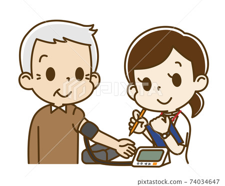 老人(女護士)用電子血壓計進行血壓測量 老人(女護士)用電子血壓計進行血壓測量 74034647