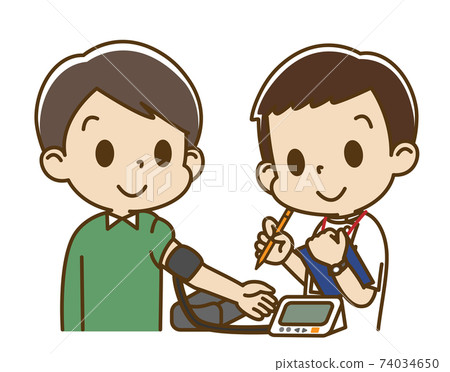 Young man (male nurse) taking blood pressure measurement with an electronic sphygmomanometer 74034650