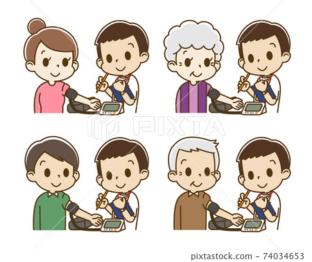 Set of people who receive blood pressure measurement with an electronic sphygmomanometer (male nurse) Set of people who receive blood pressure measurement with an electronic sphygmomanometer (male nurse) 74034653
