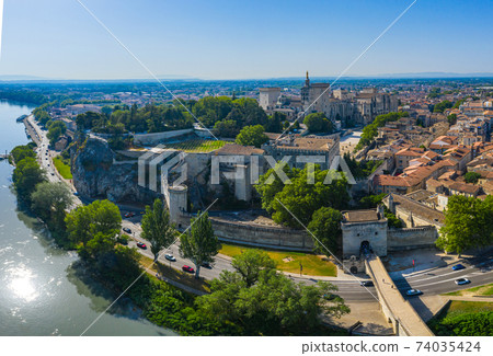 Aerial townscape scenery of Avignon city under summer blue sky Aerial townscape scenery of Avignon city under summer blue sky 74035424