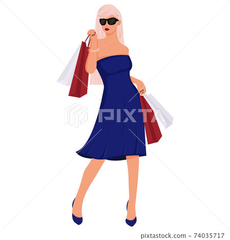 A beautiful girl in a dress is shopping. The girl with the bags. Fashionable. Vector illustration in cartoon style. Isolated on a white background. 74035717