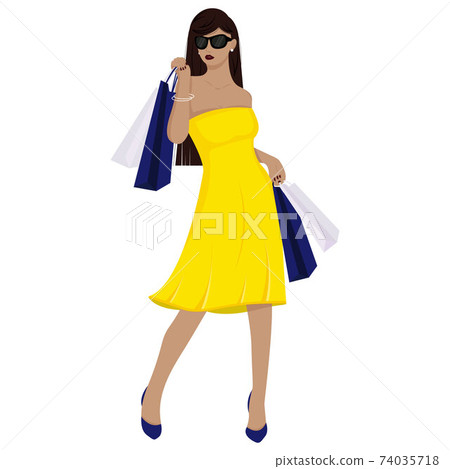 A beautiful girl in a dress is shopping. The girl with the bags. Fashionable. Vector illustration in cartoon style. Isolated on a white background. A beautiful girl in a dress is shopping. The girl with the bags. Fashionable. Vector illustration in cartoon style. Isolated on a white background. 74035718