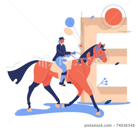 Equestrian sport concept illustration with woman jockey riding horse. Capital letter E on background 74036348