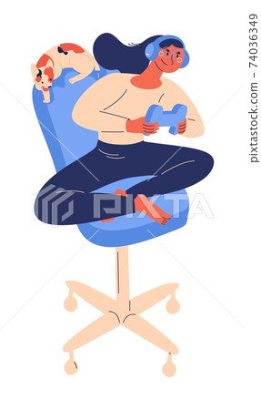 Young woman playing with controller sitting on chair. E-games concept character in headphones with cat isolated on white 74036349