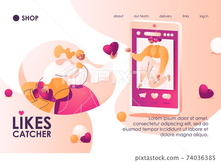 Concept landing page about social media support, likes and love drawn with pink and yellow. Blogger receiving heart for her post Concept landing page about social media support, likes and love drawn with pink and yellow. Blogger receiving heart for her post 74036385