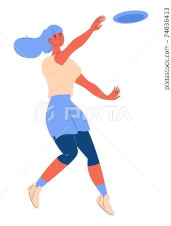 Woman playing ultimate sport game. Vector character jumping for flying disk isolated on white. Vector concept illustration about healthy lifestyle and wellness 74036413