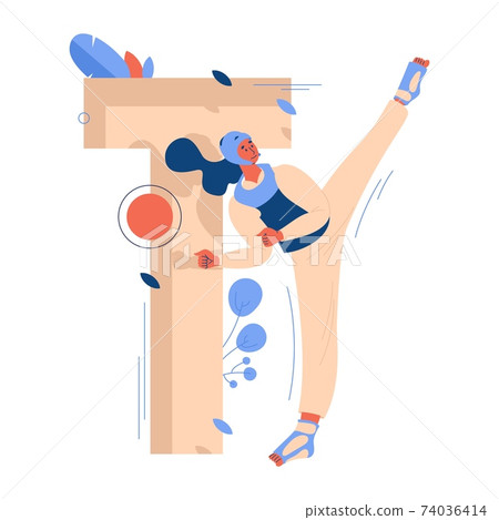 Young woman in helmet during training taekwondo kick in front of capital letter T decorated with geometrical shapes and leaves. Vector sport martial arts concept illustration Young woman in helmet during training taekwondo kick in front of capital letter T decorated with geometrical shapes and leaves. Vector sport martial arts concept illustration 74036414