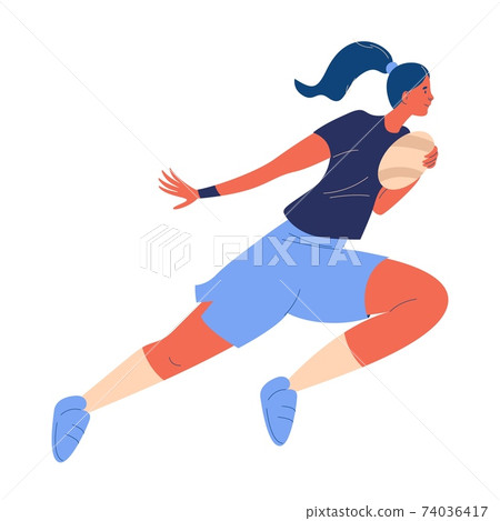 Young woman running with rugby ball. Vector sport illustration with young healthy female character Young woman running with rugby ball. Vector sport illustration with young healthy female character 74036417
