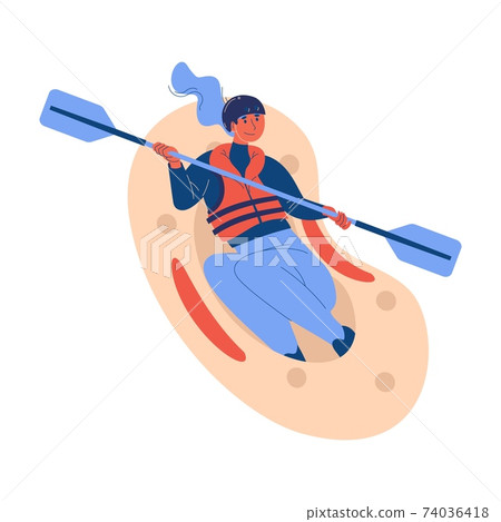 Woman riding rafting boat isolated on white. Extreme sport concept illustration with active female character in helmet and with life vest Woman riding rafting boat isolated on white. Extreme sport concept illustration with active female character in helmet and with life vest 74036418