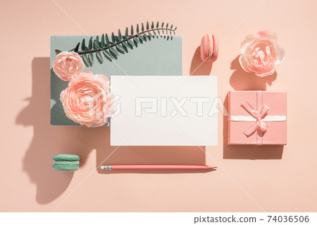 Festive geometric mockup composition for greeting invitation, greeting card with flowers in pastel colors Festive geometric mockup composition for greeting invitation, greeting card with flowers in pastel colors 74036506