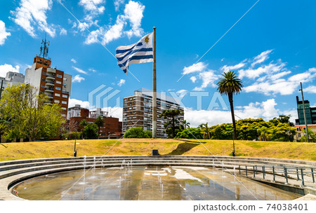 National flag of Uruguay at Tres Cruces district of Montevideo, Uruguay National flag of Uruguay at Tres Cruces district of Montevideo, Uruguay 74038401