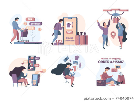 Online store. Concept characters retail internet shop buyers mobile smartphone billing garish vector people 74040074
