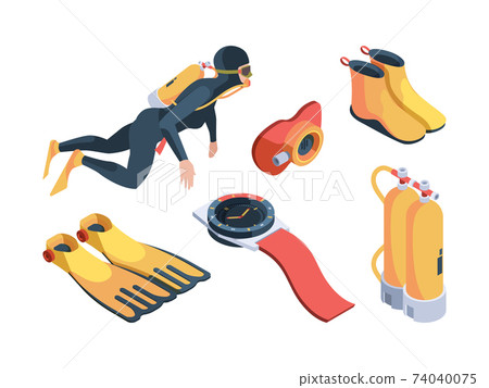 Diving isometric. Aquatic sport symbols scuba flippers underwater diving air cylinders and professional costumes garish vector divers 74040075