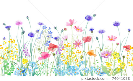 A watercolor illustration of a spring field where various flowers are in full bloom. Horizontal seamless pattern. 74041028