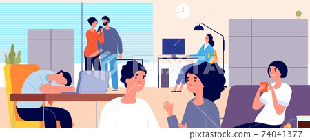 Procrastination concept. Lazy office people, working man sleeping at desk. Girl drink coffee, managers talking and relaxes utter vector illustration 74041377
