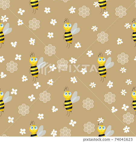 Seamless pattern with bees and honeycombs on brown background. Small wasp. Vector illustration. Adorable cartoon character. Template design for invitation, cards, textile, fabric. Doodle style. Seamless pattern with bees and honeycombs on brown background. Small wasp. Vector illustration. Adorable cartoon character. Template design for invitation, cards, textile, fabric. Doodle style. 74041623