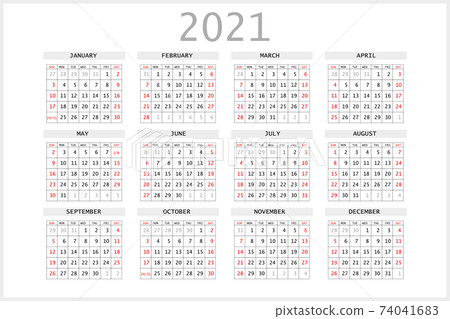 2021 calendar planner. Corporate week. Template layout, 12 months yearly, white background. Simple design for business brochure, flyer, print media, advertisement. Week starts from Sunday. 2021 calendar planner. Corporate week. Template layout, 12 months yearly, white background. Simple design for business brochure, flyer, print media, advertisement. Week starts from Sunday. 74041683