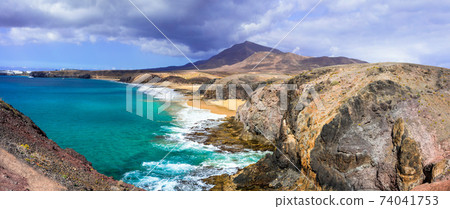 Beautiful volcanic nature and beaches of Lanzarote.Papagayo beach, Canary islands 74041753